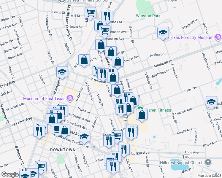 map of restaurants, bars, coffee shops, grocery stores, and more near 701 Locke Street in Lufkin