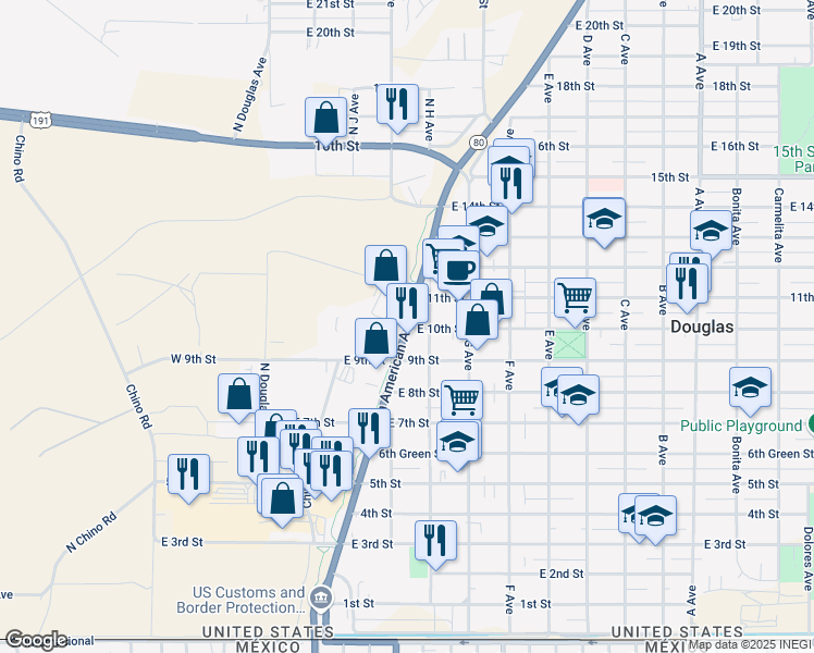 map of restaurants, bars, coffee shops, grocery stores, and more near 1000 Pan American Avenue in Douglas