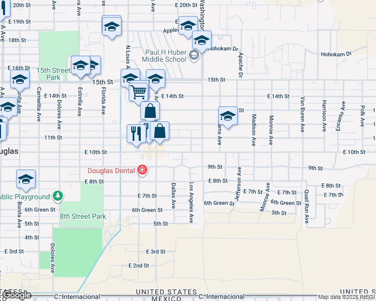 map of restaurants, bars, coffee shops, grocery stores, and more near 2001 East 10th Street in Douglas