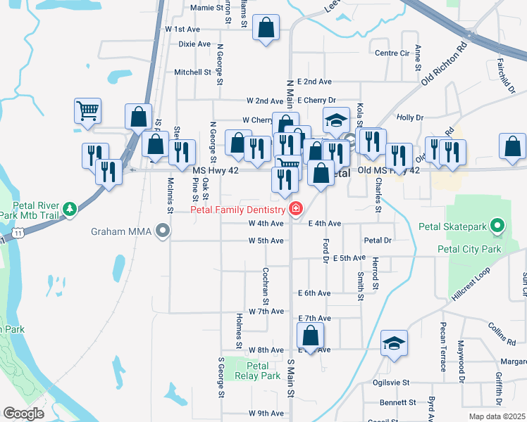 map of restaurants, bars, coffee shops, grocery stores, and more near 124 W 4th Ave in Petal