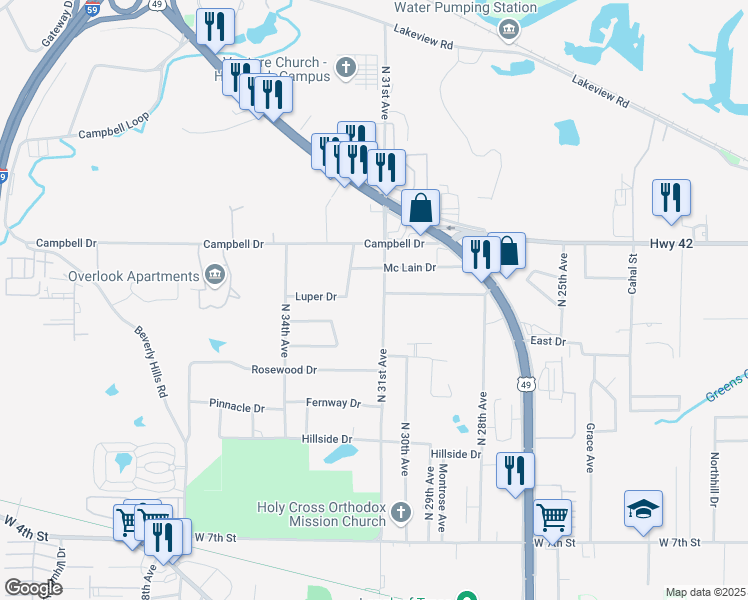 map of restaurants, bars, coffee shops, grocery stores, and more near 1212 North 31st Avenue in Hattiesburg