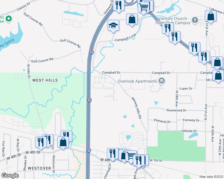 map of restaurants, bars, coffee shops, grocery stores, and more near 105 Plantation Boulevard in Hattiesburg