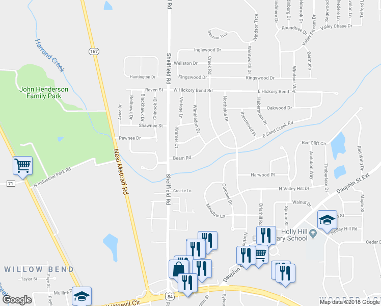 map of restaurants, bars, coffee shops, grocery stores, and more near 309 Beam Road in Enterprise