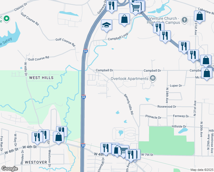 map of restaurants, bars, coffee shops, grocery stores, and more near 105 Ellis Drive in Hattiesburg