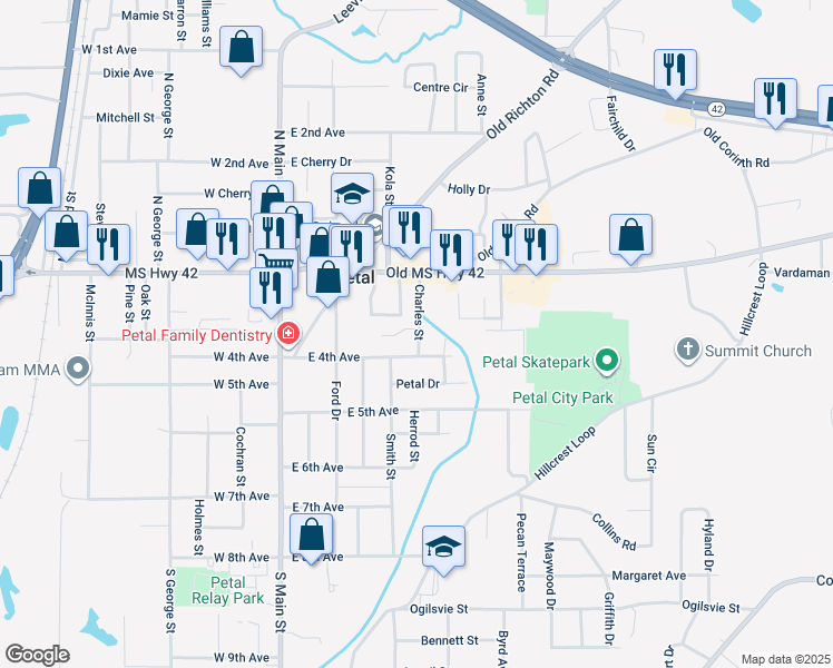 map of restaurants, bars, coffee shops, grocery stores, and more near 206 Charles Street in Petal