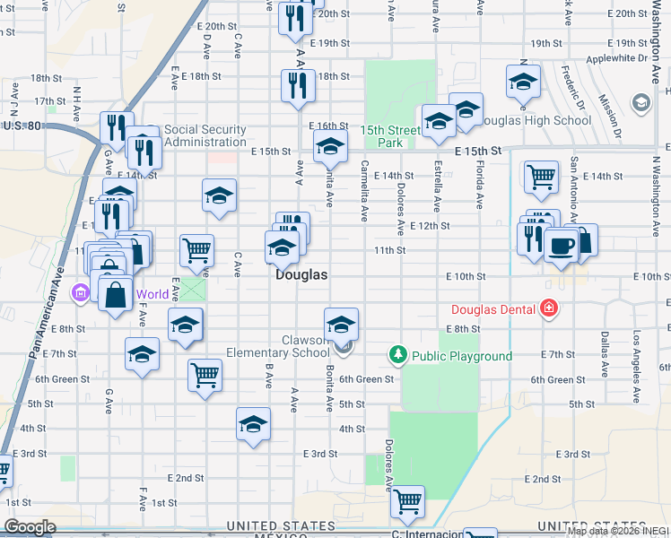 map of restaurants, bars, coffee shops, grocery stores, and more near in Douglas