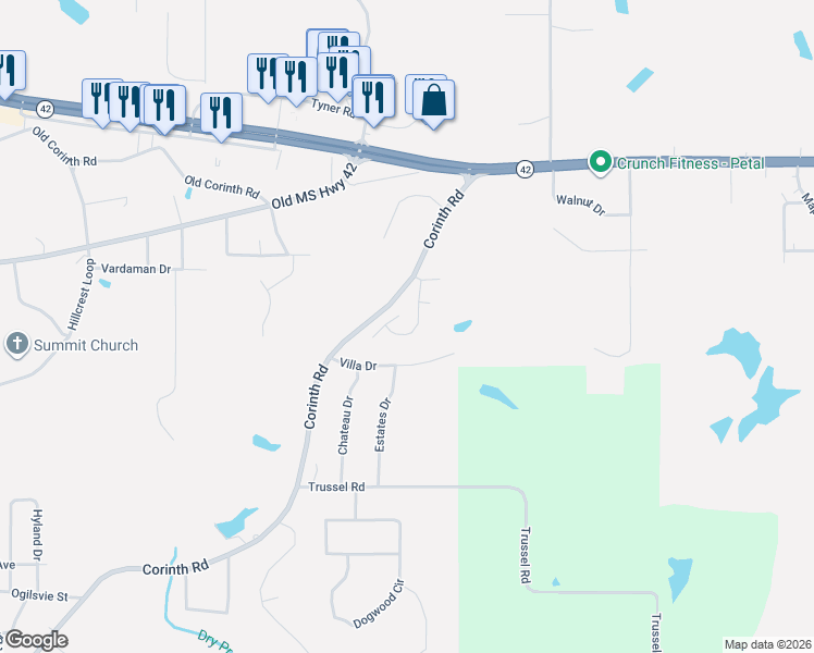map of restaurants, bars, coffee shops, grocery stores, and more near 388-440 Corinth Road in Petal