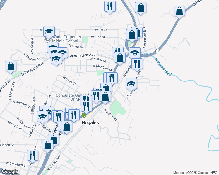 map of restaurants, bars, coffee shops, grocery stores, and more near 747 North Grand Avenue in Nogales