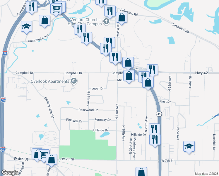 map of restaurants, bars, coffee shops, grocery stores, and more near 3115 North 32nd Avenue in Hattiesburg