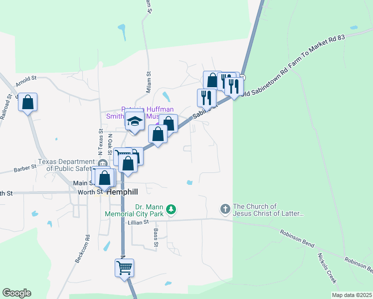 map of restaurants, bars, coffee shops, grocery stores, and more near Sabine St in Hemphill