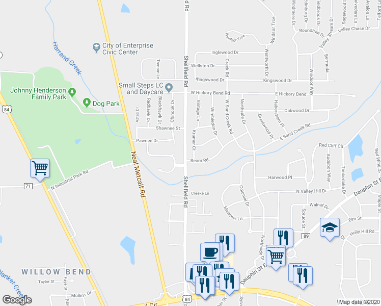 map of restaurants, bars, coffee shops, grocery stores, and more near 203 Kramer Court in Enterprise
