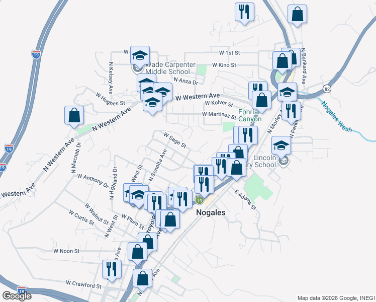 map of restaurants, bars, coffee shops, grocery stores, and more near 231 West Sage Street in Nogales