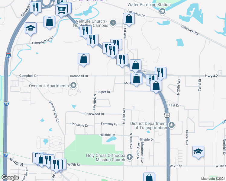 map of restaurants, bars, coffee shops, grocery stores, and more near 3115 North 32nd Avenue in Hattiesburg