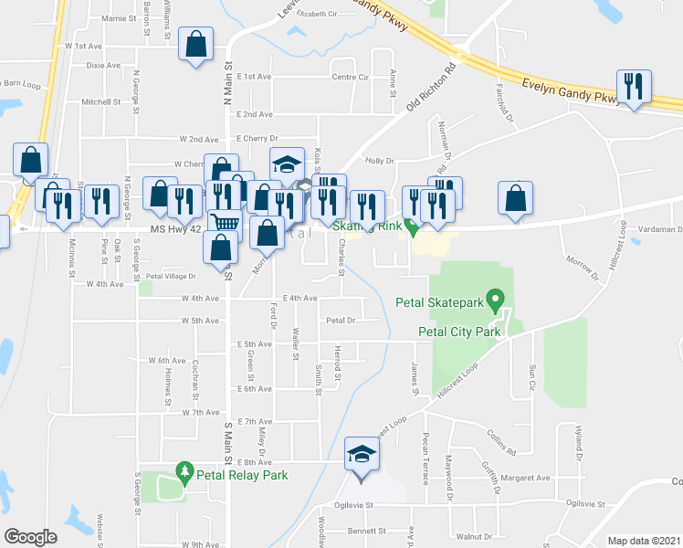 map of restaurants, bars, coffee shops, grocery stores, and more near 109 Charles Street in Petal