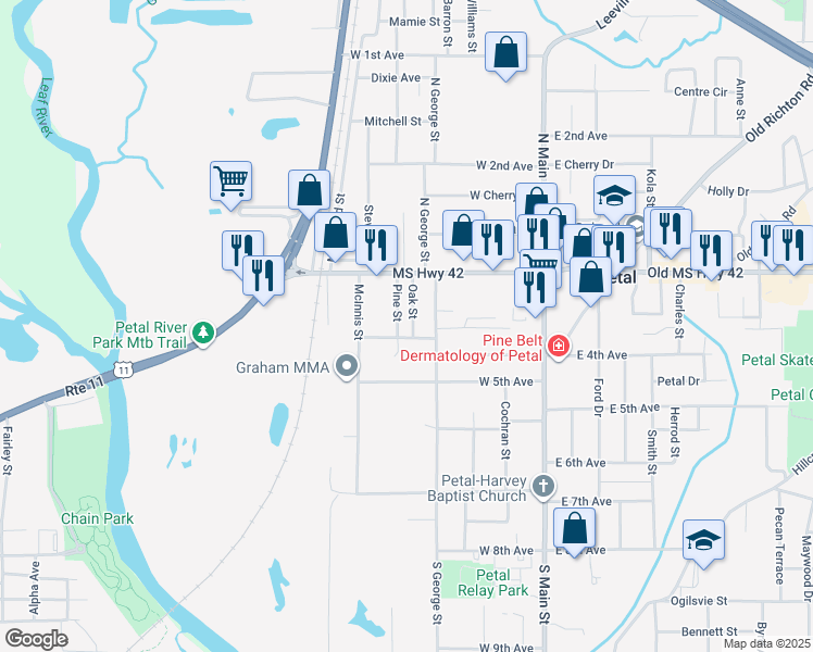 map of restaurants, bars, coffee shops, grocery stores, and more near 103 Oak Street in Petal