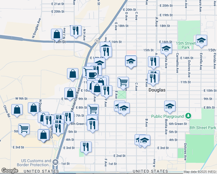 map of restaurants, bars, coffee shops, grocery stores, and more near 1119 F Avenue in Douglas