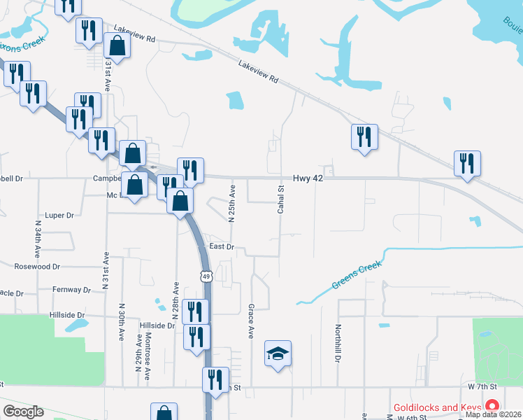 map of restaurants, bars, coffee shops, grocery stores, and more near 2608 McLelland Street in Hattiesburg