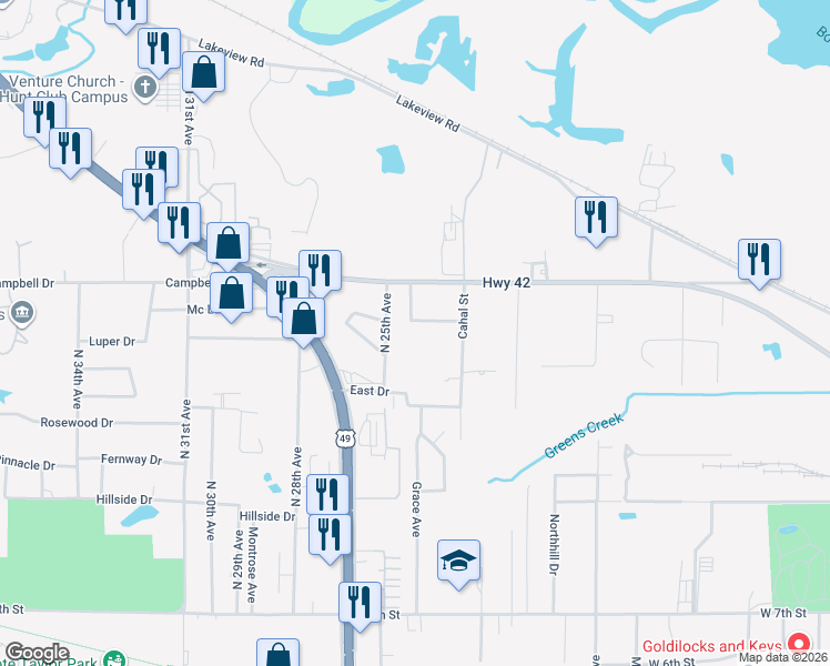 map of restaurants, bars, coffee shops, grocery stores, and more near 2612C McLelland Street in Hattiesburg