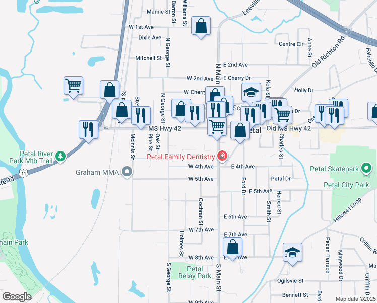 map of restaurants, bars, coffee shops, grocery stores, and more near 112 Petal Village Drive in Petal