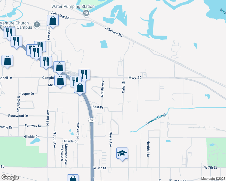 map of restaurants, bars, coffee shops, grocery stores, and more near 2613 McLelland Street in Hattiesburg