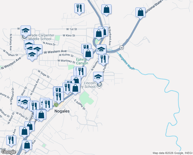 map of restaurants, bars, coffee shops, grocery stores, and more near 51 East Grant Street in Nogales