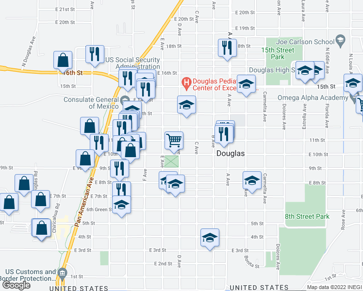 map of restaurants, bars, coffee shops, grocery stores, and more near 1057 D Avenue in Douglas
