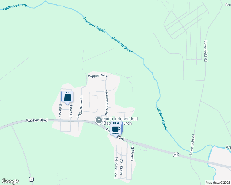 map of restaurants, bars, coffee shops, grocery stores, and more near 302 Merriweather Road in Enterprise