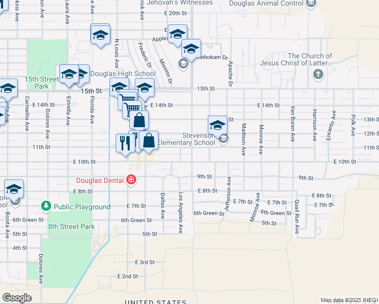 map of restaurants, bars, coffee shops, grocery stores, and more near 1060 North Washington Avenue in Douglas