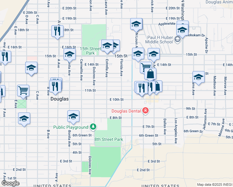 map of restaurants, bars, coffee shops, grocery stores, and more near 1556 11th Street in Douglas