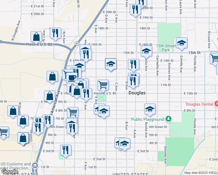 map of restaurants, bars, coffee shops, grocery stores, and more near 808 11th Street in Douglas