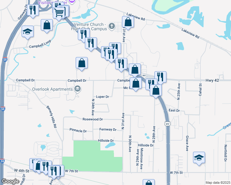 map of restaurants, bars, coffee shops, grocery stores, and more near 3115 North 32nd Avenue in Hattiesburg