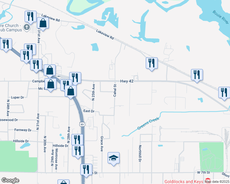 map of restaurants, bars, coffee shops, grocery stores, and more near 300 Cahal Street in Hattiesburg