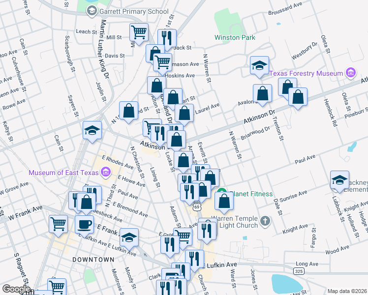 map of restaurants, bars, coffee shops, grocery stores, and more near 808 Atkinson Dr in Lufkin
