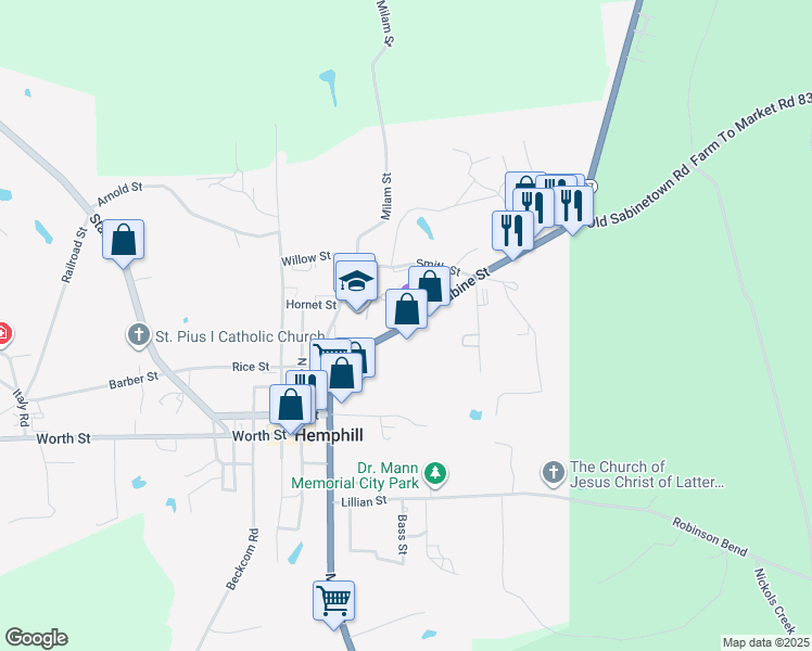 map of restaurants, bars, coffee shops, grocery stores, and more near 355 Farm to Market 83 in Hemphill