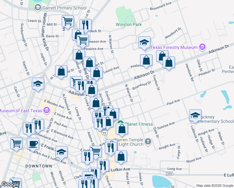 map of restaurants, bars, coffee shops, grocery stores, and more near 1012 Dunlap Avenue in Lufkin
