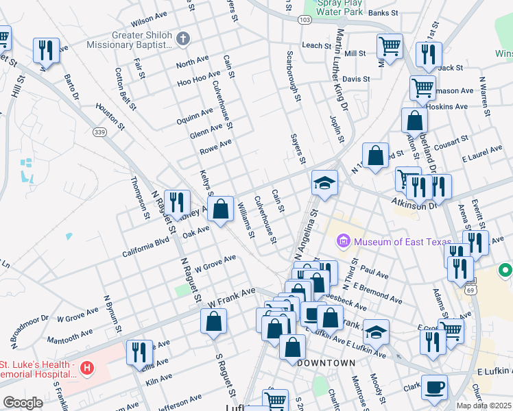 map of restaurants, bars, coffee shops, grocery stores, and more near 707 Culverhouse Street in Lufkin
