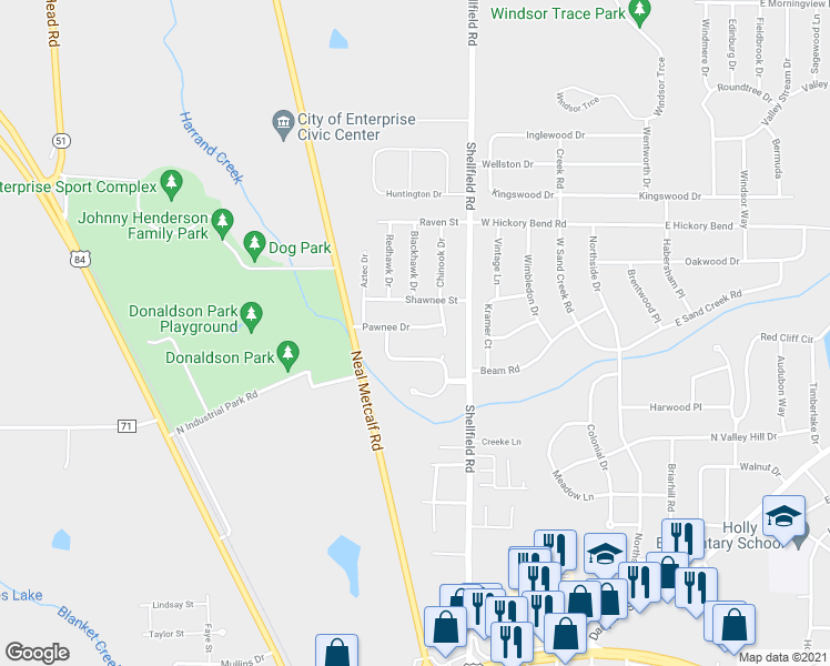 map of restaurants, bars, coffee shops, grocery stores, and more near 107 Pawnee Drive in Enterprise