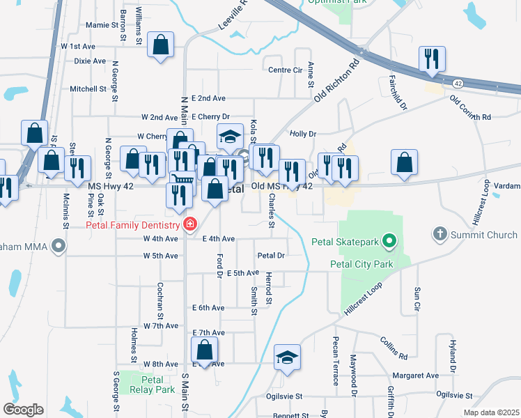 map of restaurants, bars, coffee shops, grocery stores, and more near 110 Lingle Drive in Petal