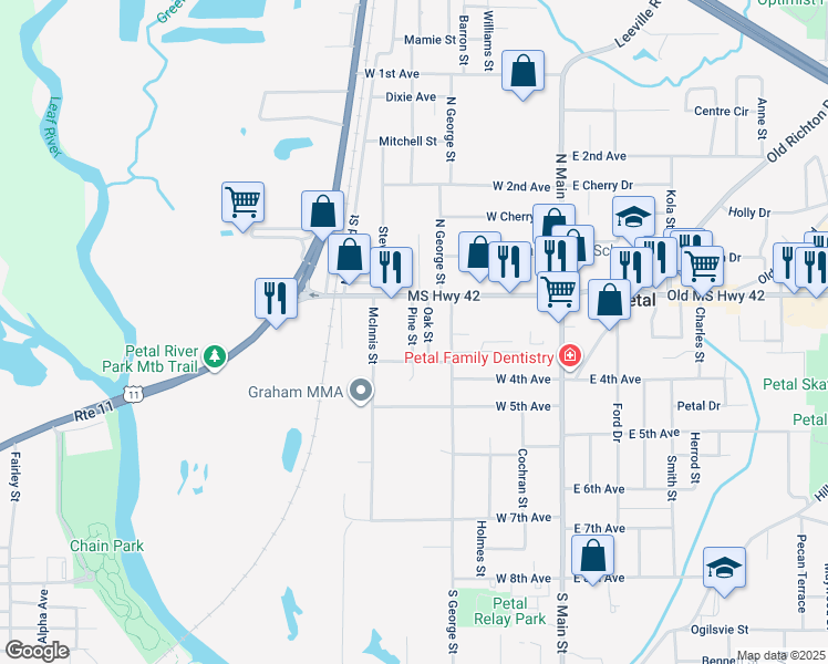 map of restaurants, bars, coffee shops, grocery stores, and more near 103 Oak Street in Petal