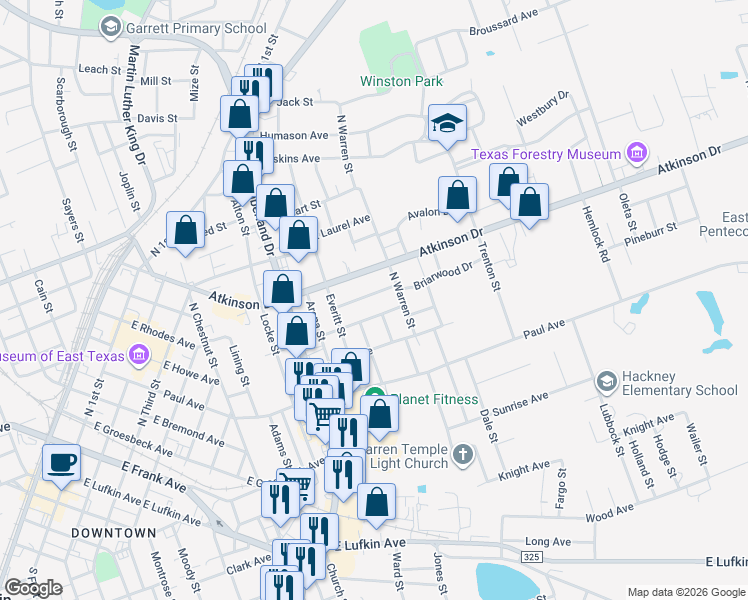 map of restaurants, bars, coffee shops, grocery stores, and more near 1012 Dunlap Avenue in Lufkin