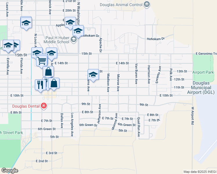 map of restaurants, bars, coffee shops, grocery stores, and more near 1104 Madison Avenue in Douglas