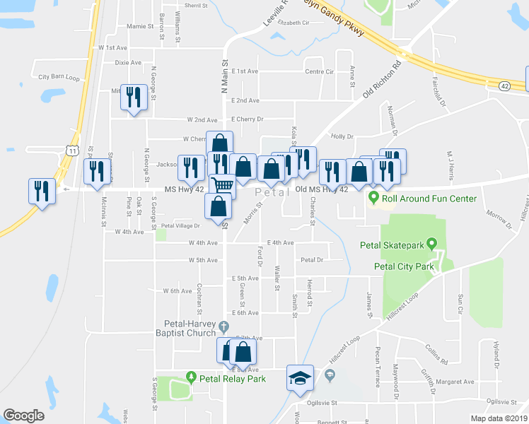 map of restaurants, bars, coffee shops, grocery stores, and more near 105 Ford Drive in Petal