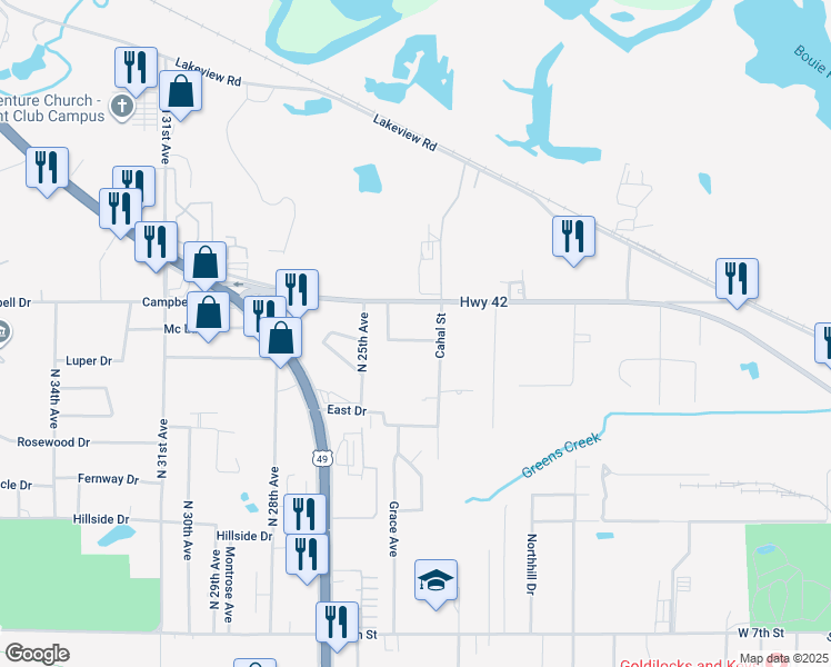 map of restaurants, bars, coffee shops, grocery stores, and more near 2603 McLelland Street in Hattiesburg