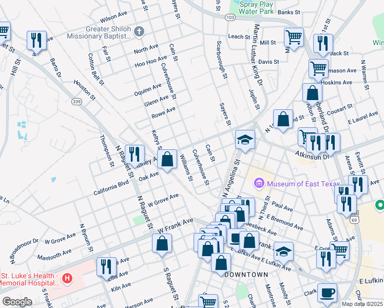 map of restaurants, bars, coffee shops, grocery stores, and more near 707 Culverhouse Street in Lufkin