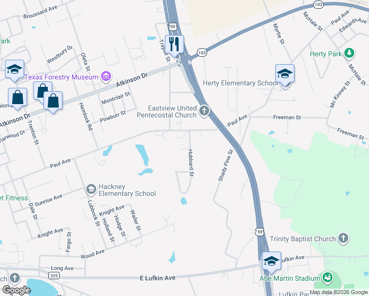 map of restaurants, bars, coffee shops, grocery stores, and more near 118 Hubbard Street in Lufkin