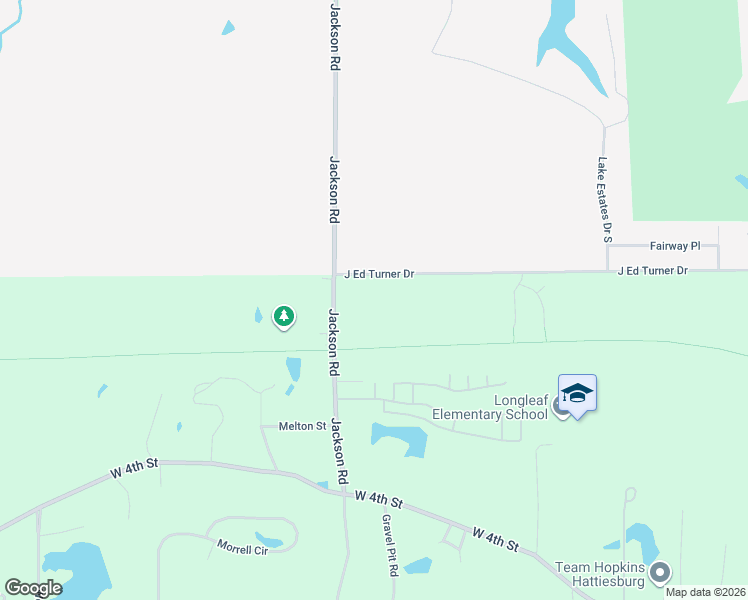 map of restaurants, bars, coffee shops, grocery stores, and more near J Ed Turner Drive in Hattiesburg