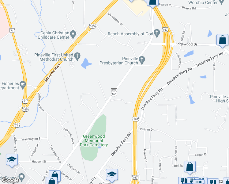map of restaurants, bars, coffee shops, grocery stores, and more near 2418 Military Highway in Pineville