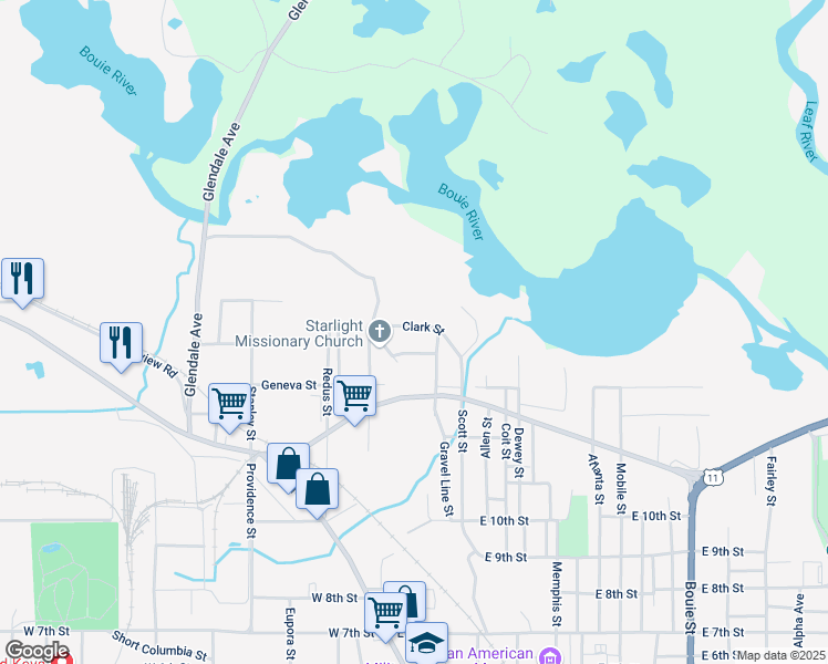 map of restaurants, bars, coffee shops, grocery stores, and more near 423 Clark Street in Hattiesburg