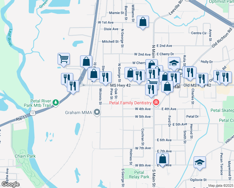 map of restaurants, bars, coffee shops, grocery stores, and more near 103 Oak Street in Petal