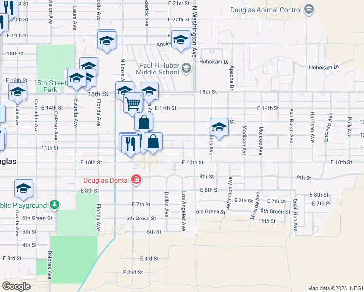 map of restaurants, bars, coffee shops, grocery stores, and more near 2048 11th Street in Douglas
